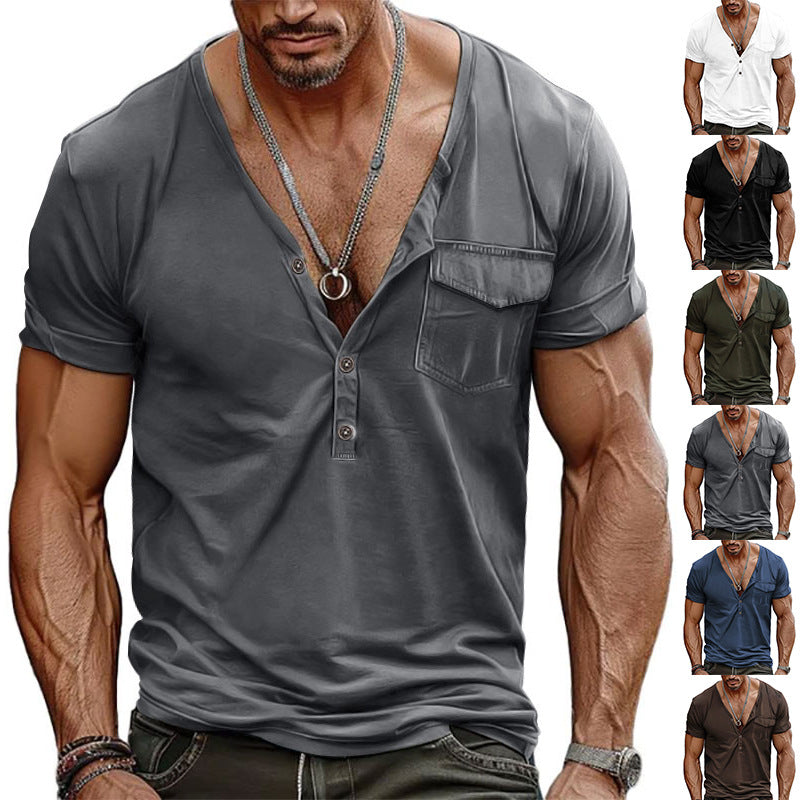 Herren Kurzarm-Henley-T-Shirt mit dekorativer Brusttasche und modernem Schnitt R&B