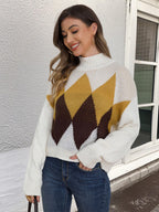 Damen modischer Strickpullover mit geometrischem Muster und hohem Kragen R&B