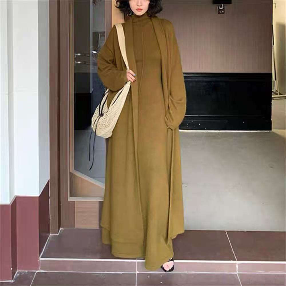 Damen Langer Strickmantel mit hohem Kragen und elegantem Schnitt R&B