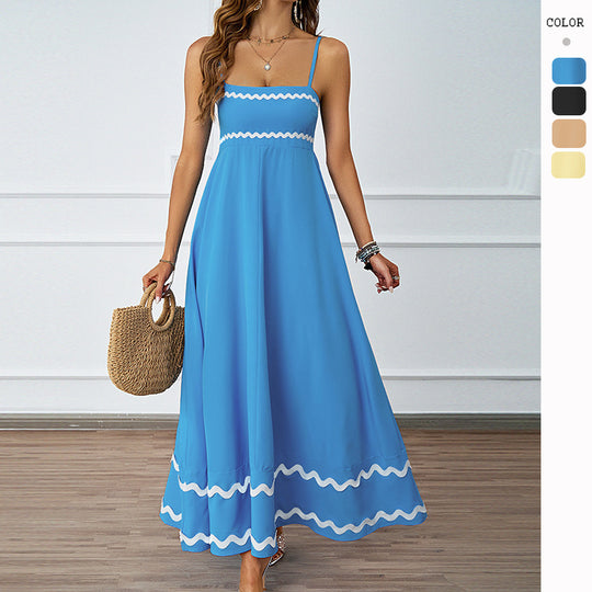 Damen Lange Maxi-Kleid mit Spaghetti-Trägern und dekorativem Saum R&B