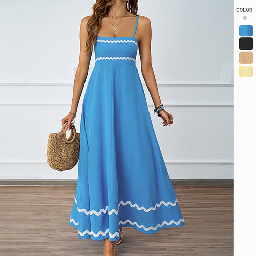 Damen Lange Maxi-Kleid mit Spaghetti-Trägern und dekorativem Saum R&B