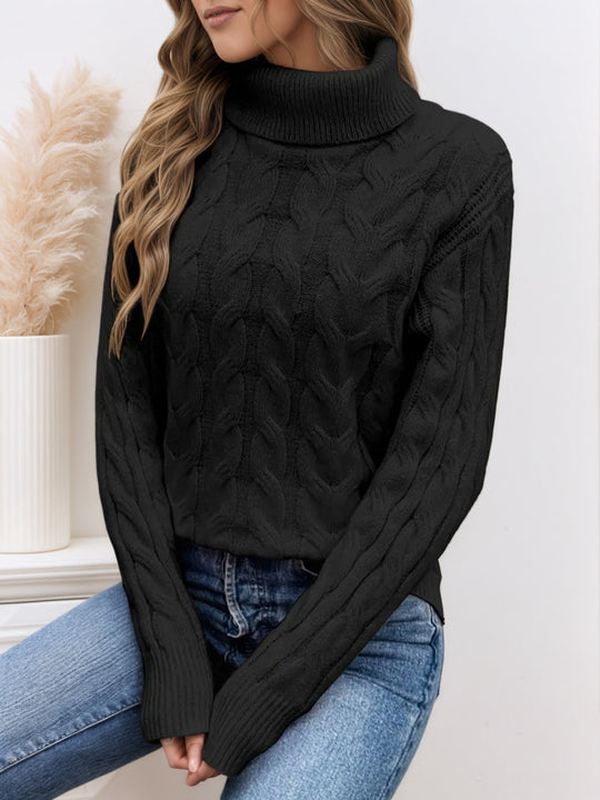 Damen Strickpullover mit hohem Kragen und Zopfmuster R&B