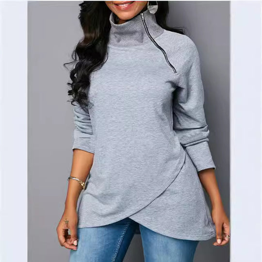 Damen Rundhals Shirt mit hoher Kragen und Reißverschluss R&B