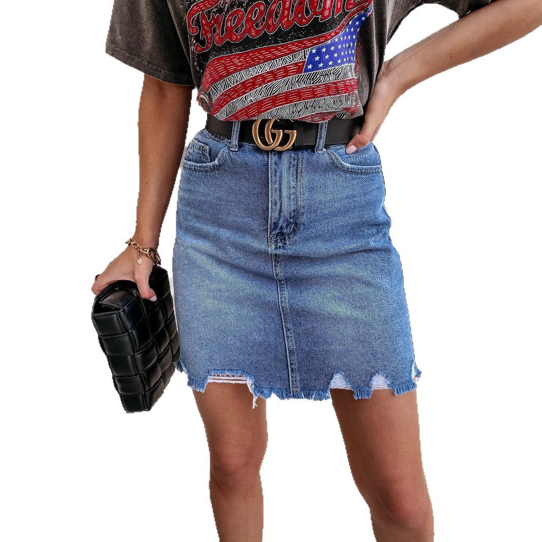 Damen Denim-Rock mit fransigem Saum und modernem Schnitt R&B