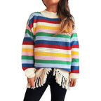 Damen entzückender Pullover mit Fransen und buntem Streifenmuster R&B   