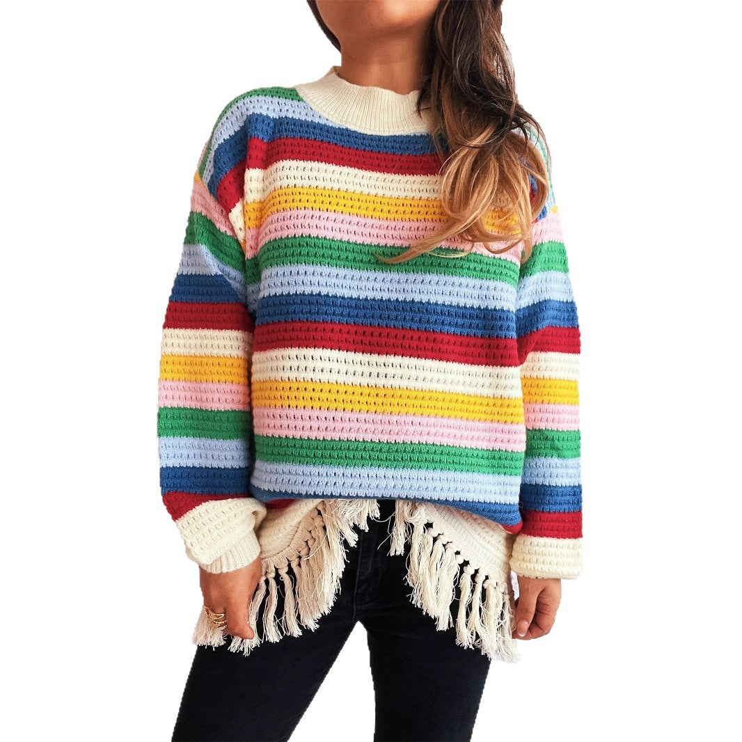 Damen entzückender Pullover mit Fransen und buntem Streifenmuster R&B   