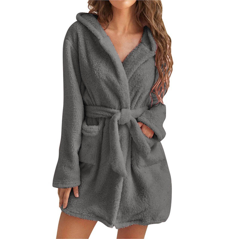 Damen Kuscheliger Fleece-Bademantel mit Kapuze und Taillengürtel R&B