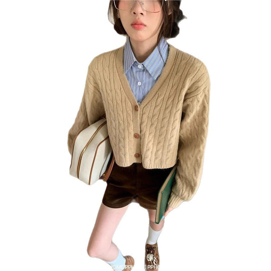 Damen kuscheliger Strickcardigan mit V-Ausschnitt und großen Knöpfen R&B