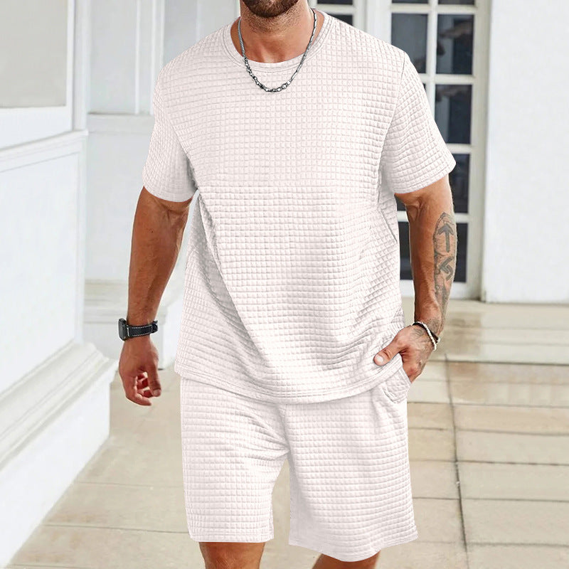 Herren nan leichter Freizeit-Zweiteiler in Waffelstruktur mit Rundhals-T-Shirt und komfortablen Shorts R&B