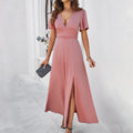 Damen Maxikleid mit tiefem V-Ausschnitt und seitlichem Schlitz R&B