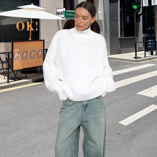 Damen Strickpullover mit hohem Kragen und weitem Schnitt R&B