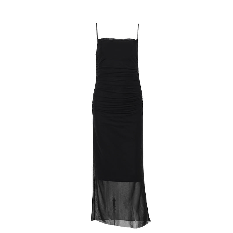 Damen elegantes Maxikleid mit raffinierten Rüschendetails und schmalen Spaghettiträgern R&B