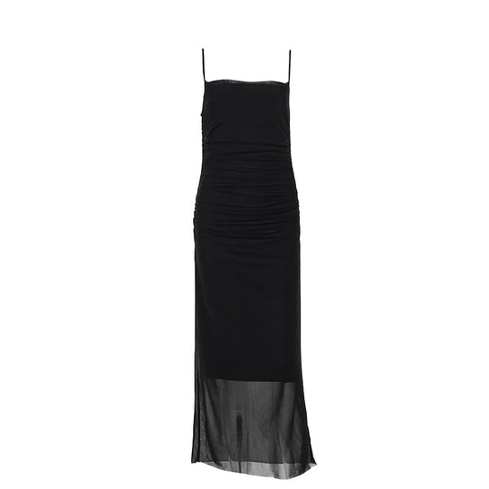 Damen elegantes Maxikleid mit raffinierten Rüschendetails und schmalen Spaghettiträgern R&B
