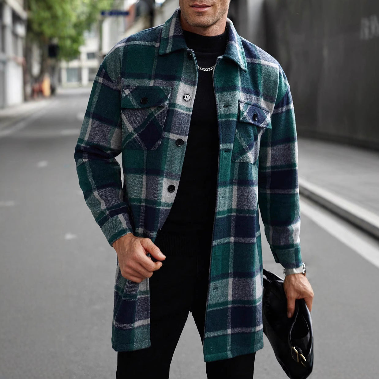 Herren karierte Flanelljacke mit knöpfbaren Taschen und modernem Schnitt