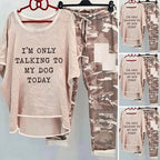 Damen nan weites Freizeit-Set mit Spruchaufdruck, weit geschnittenem Langshirt und Camouflage-Jogginghose R&B