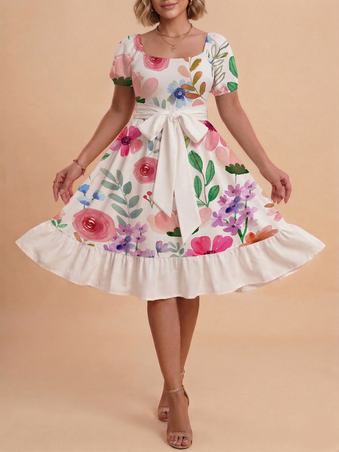 Damen elegantes Maxikleid mit floralem Design und Taillengürtel R&B