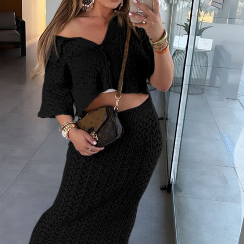 Damen Strick-Kleid mit hohen Seitenschlitzen und modischem Lochmuster R&B