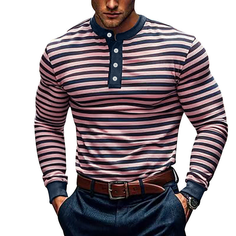 Herren Langarm-Henley-Shirt mit modischem Streifenmuster und hochwertiger Baumwollqualität R&B