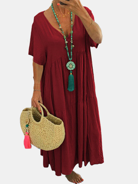 Damen luftiges Boho-Maxikleid mit schwingendem Saum und tiefem V-Ausschnitt R&B