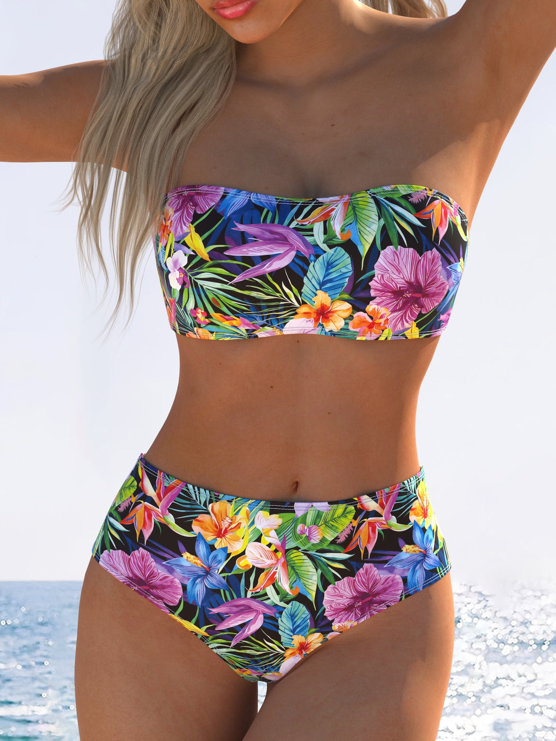 Damen Bandeau-Bikini mit hohem Taillenschnitt und buntem Tropenmotiv R&B
