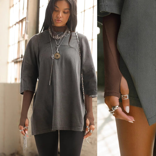 Damen Langarmshirt aus leichtem Mesh mit hohem Kragen und figurformendem Schnitt R&B