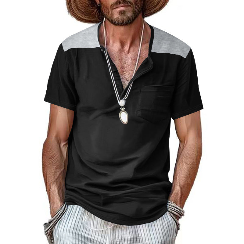 Herren Kurzarm-Henley-Shirt mit kontrastierenden Schulterdetails und praktischer Brusttasche R&B