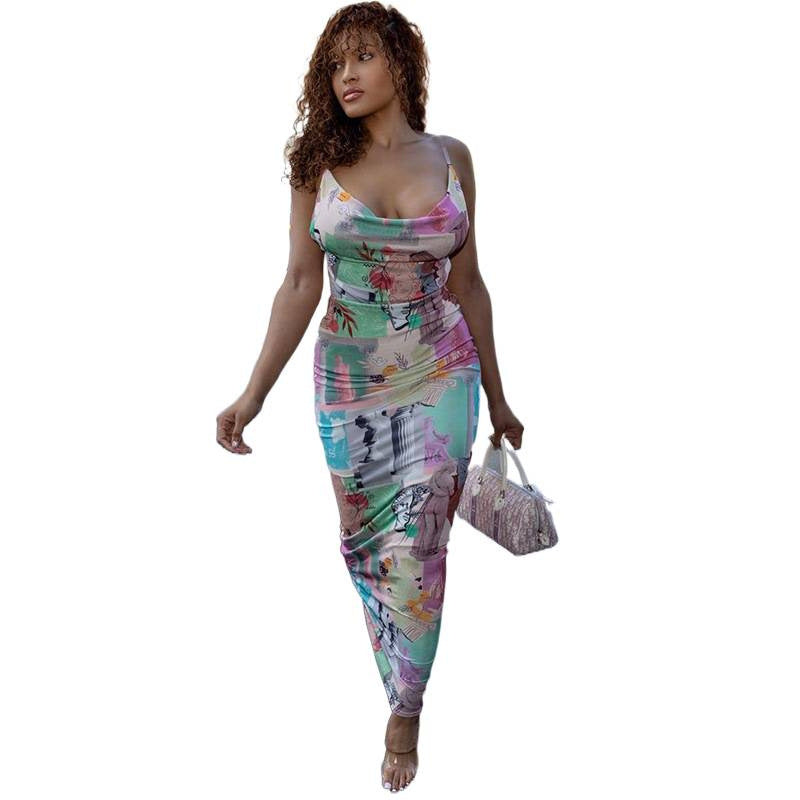 Damen bodenlanges Kleid mit dekorativem Grafiken R&B