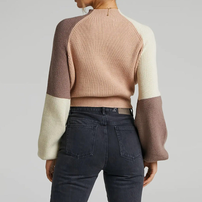 R&B | Pullover Sweatshirt Übergröße Fit Gerippter Strick Mock Neck Glockenärmel