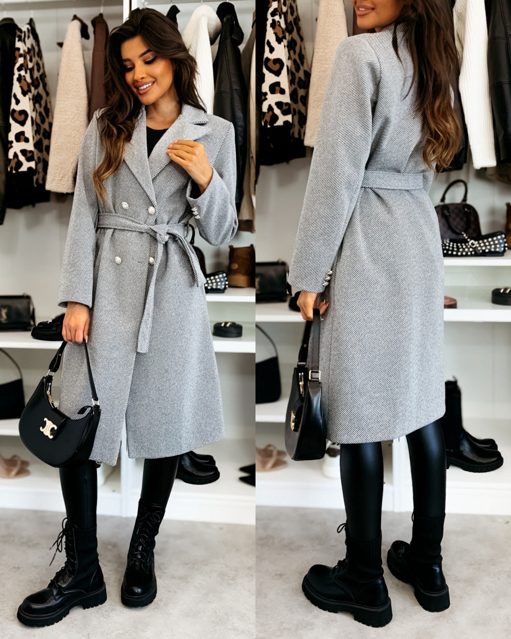 Damen Eleganter Trenchcoat mit taillierbarem Gürtel und Doppelreiher R&B