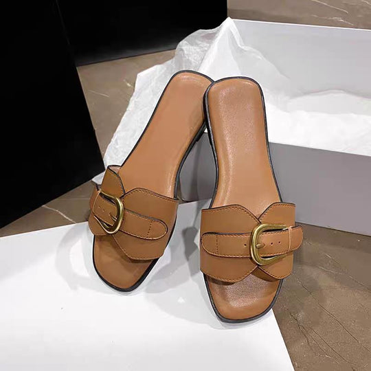Damen modische Badeschuhe mit trendigem Riemen und goldfarbener Schnalle R&B