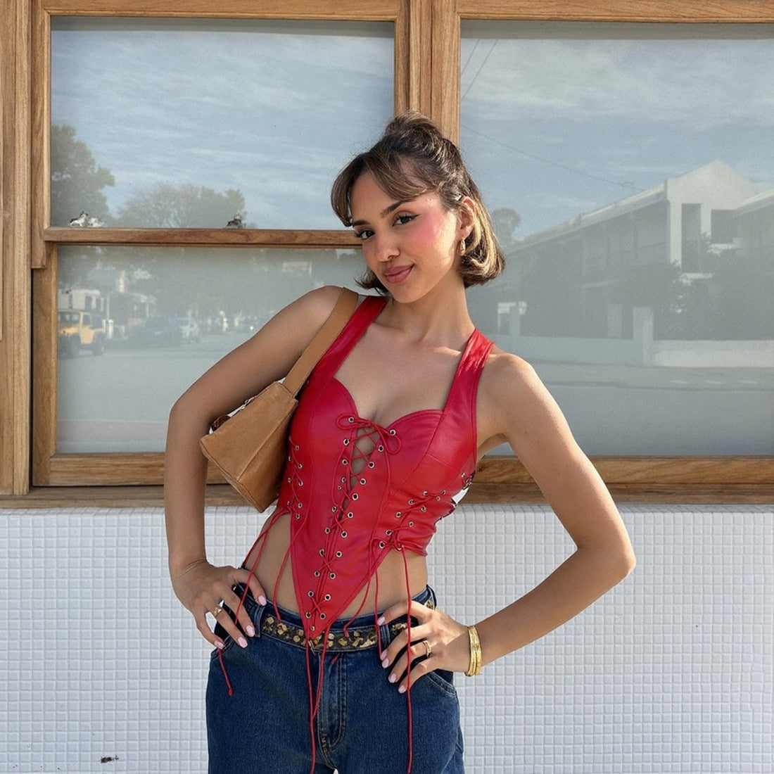 Damen Leder-Corset-Top mit Schnürung und asymmetrischem Schnitt R&B