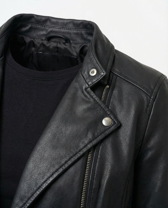 Damen kurz geschnittene taillierte Bikerjacke mit asymmetrischem Reißverschluss gesteppter Ärmelpartie und seitlichen Schnallenbändern R&B
