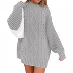 Damen Grobstrick Pulloverkleid mit asymmetrischem Saum und Zopfdesign