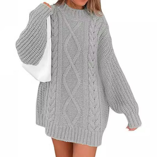 Damen Grobstrick Pulloverkleid mit asymmetrischem Saum und Zopfdesign R&B
