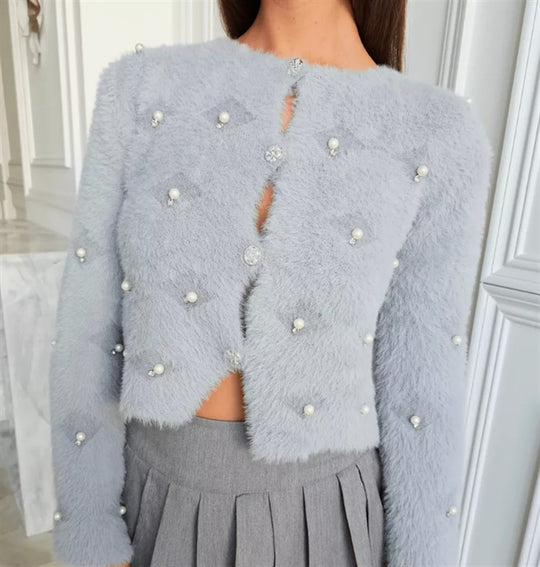 Damen Flauschige Strickjacke mit Schmuckknöpfen und elegantem Schnitt R&B
