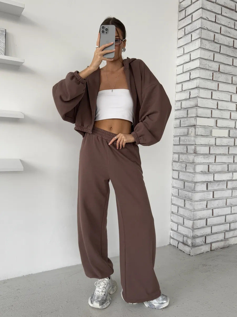 Damen lässiges Sweater-Set aus cropped Hoodie und bequemer Hose mit elastischem Bund R&B