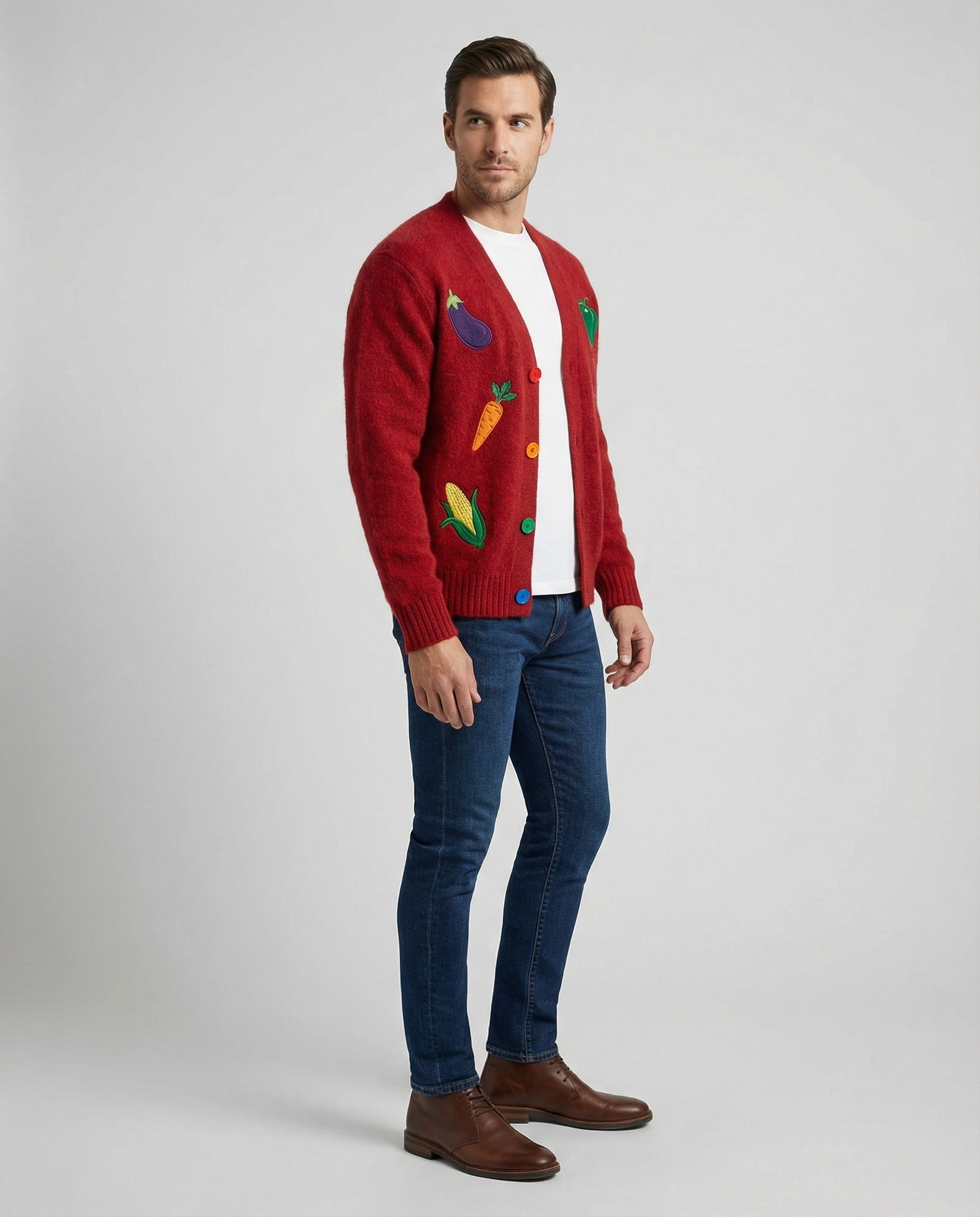 Lässige Retro Strickjacke mit bunten Regenbogen-Knöpfen und feiner Stickerei
