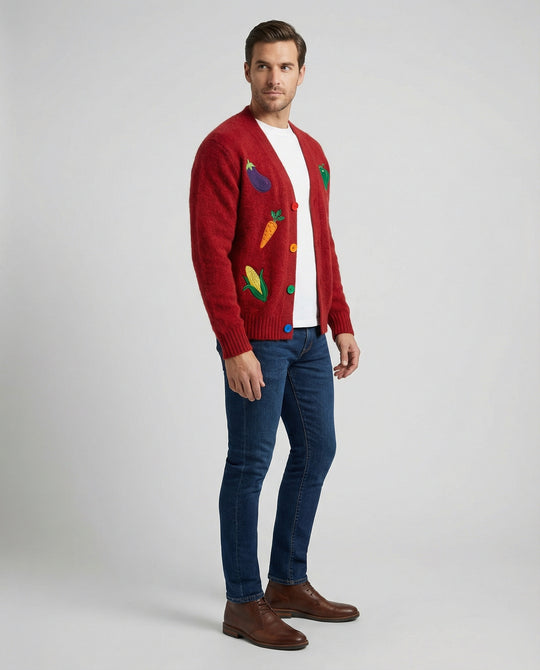Lässige Retro Strickjacke mit bunten Regenbogen-Knöpfen und feiner Stickerei