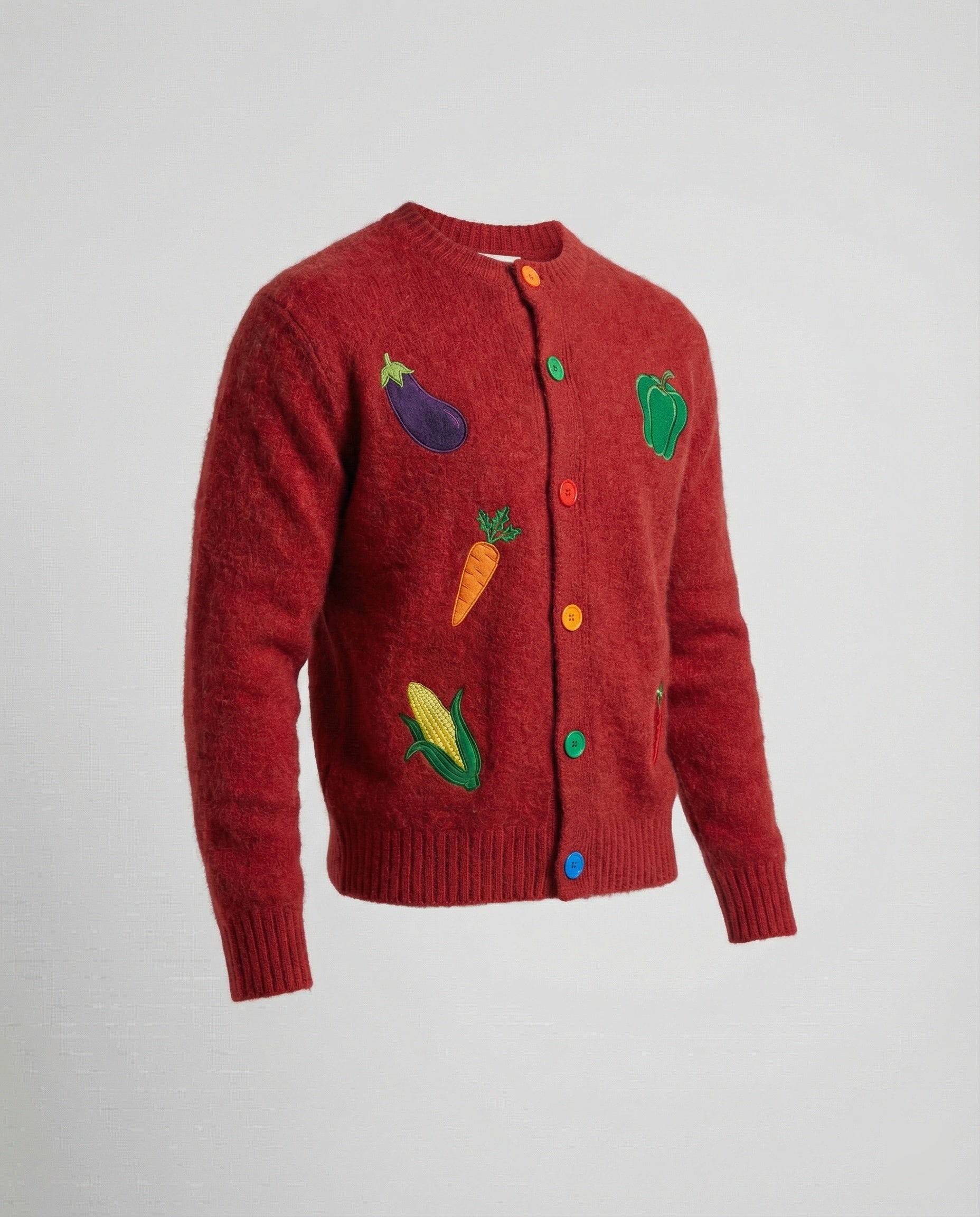 Lässige Retro Strickjacke mit bunten Regenbogen-Knöpfen und feiner Stickerei
