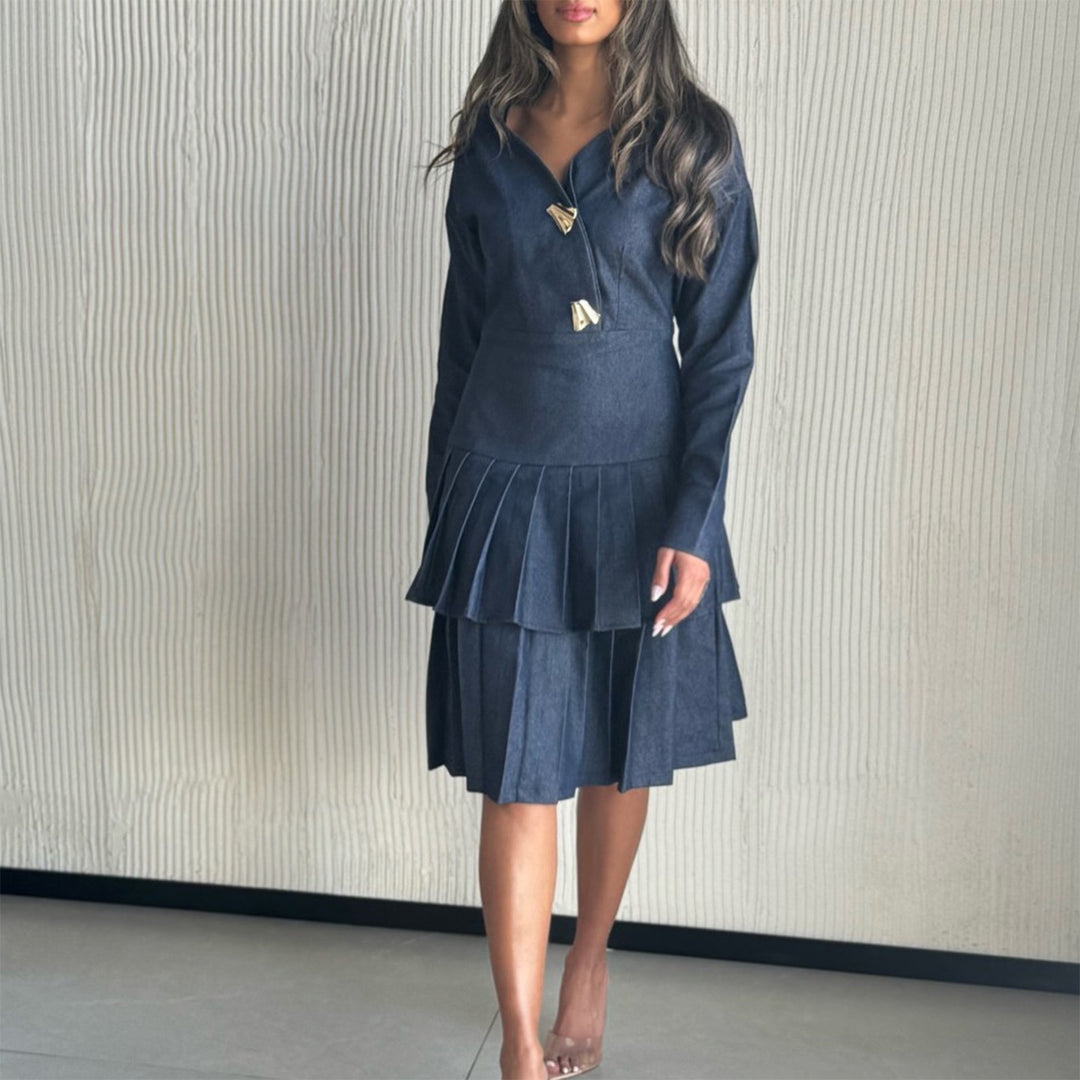 Damen Hemdblusenkleid mit Plissee-Saum und modischen Knopfdetails R&B