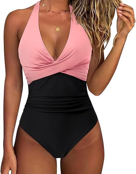 Damen Hochtaillierter Badeanzug mit tiefem V-Ausschnitt und floralem Design R&B