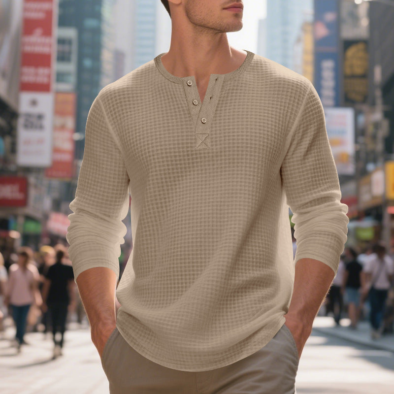 Herren nan thermoregulierendes Waffel-Thermalshirt mit Kurzknopfleiste und gerundetem Saum R&B