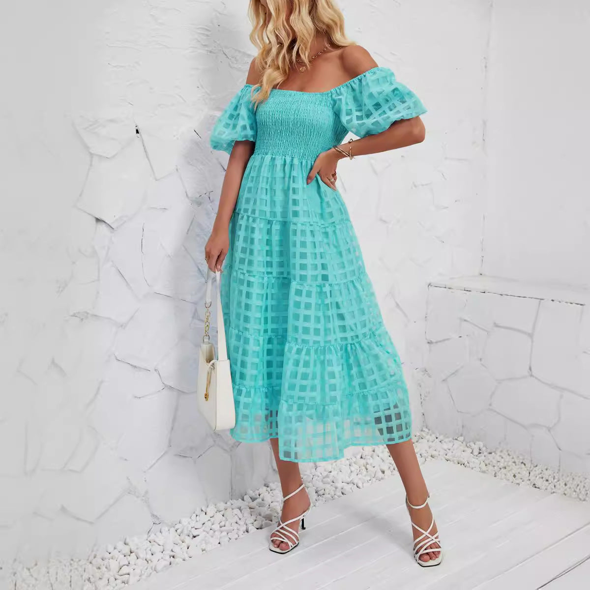 Damen Midikleid mit Off-Shoulder-Design und luftigen Puffärmeln R&B