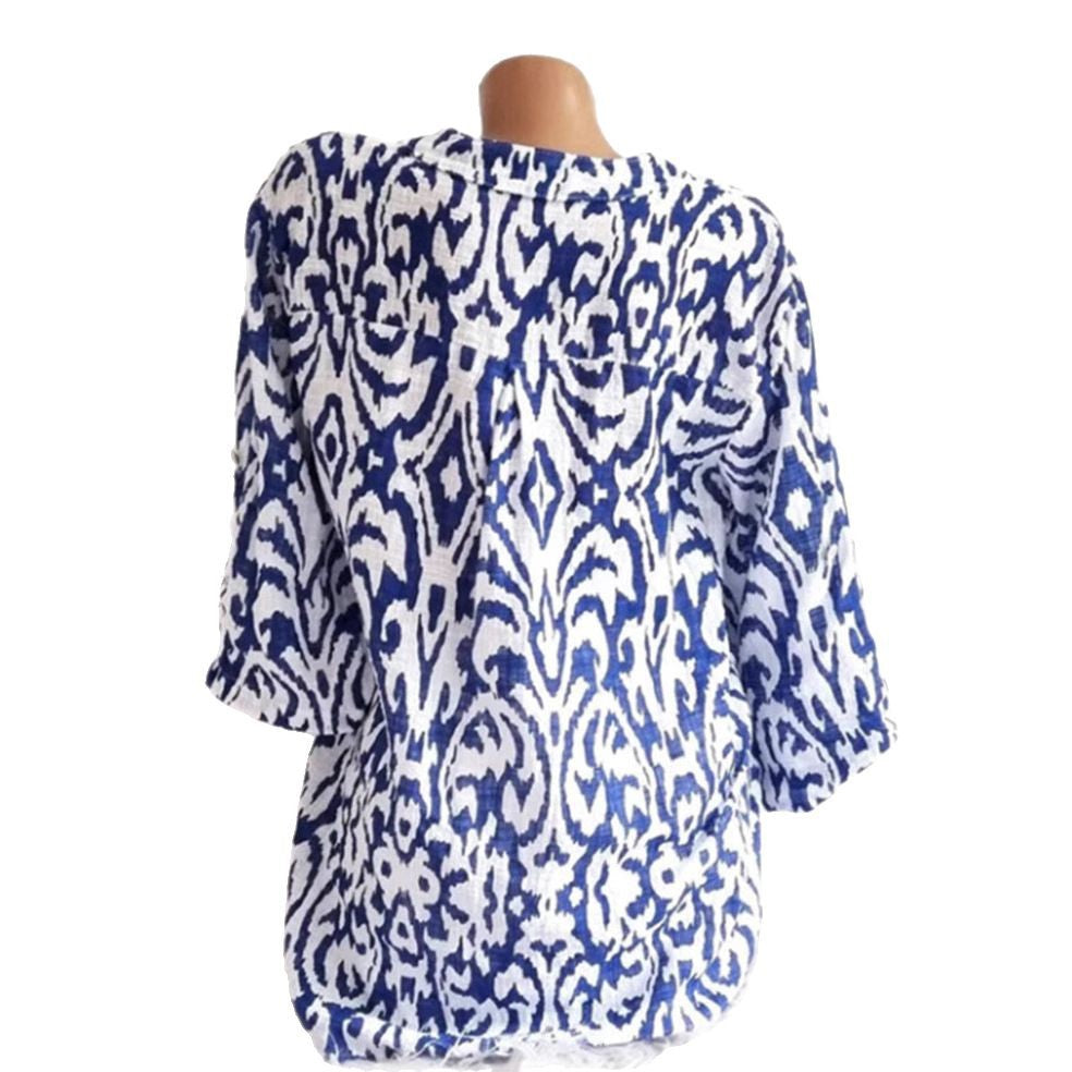 Damen nan locker geschnittene Tunika-Bluse mit Ikat‑Muster, V‑Ausschnitt und Dreiviertelärmeln R&B