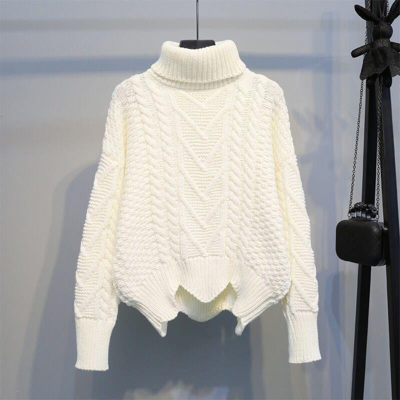 Damen Grobstrickpullover mit hochgeschlossenem Kragen und Zopfmuster R&B