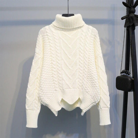 Damen Grobstrickpullover mit hochgeschlossenem Kragen und Zopfmuster R&B