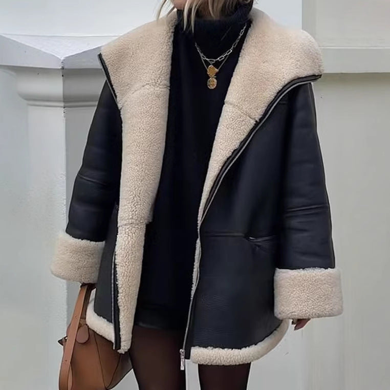 Damen angesagte Kunstlederjacke mit kuscheligem Innenfutter R&B