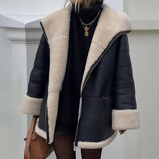 Damen angesagte Kunstlederjacke mit kuscheligem Innenfutter R&B