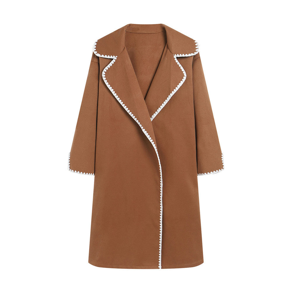 Damen eleganter Mantel mit stilvollem Umschlagkragen und kontrastierenden Ziernähten R&B