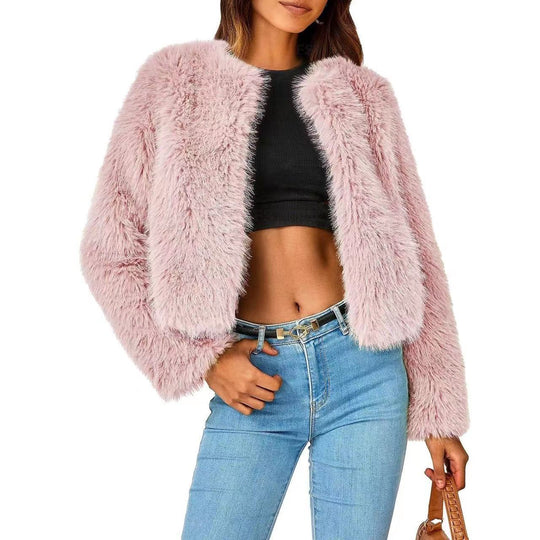 Damen Kuschelige Kurze Pelzjacke R&B